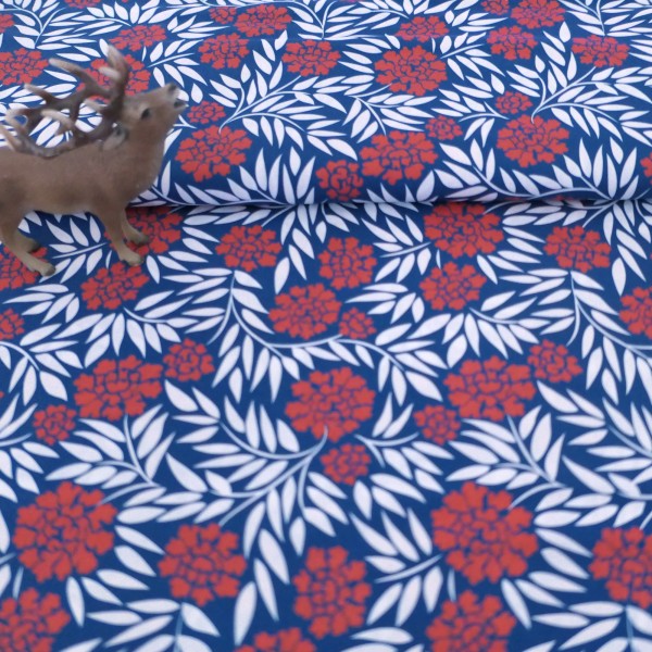 Baumwollstoff 'Kim' Blüten, Dolden, Blau, Koralle, Meterware swafing