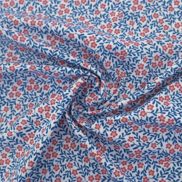 Baumwollstoff 'Kim' Streublumen, Zweige, Blau, Koralle, Meterware swafing
