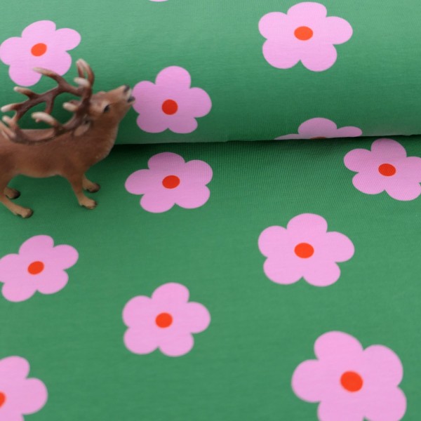 Jersey Prilblumen, Rosa, Grün, Meterware