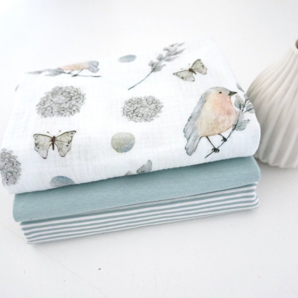 Stoffpaket Musselin Jersey, Rotkehlchen, Ringel Mint, Bündchen