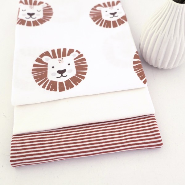 Jersey Stoffpaket, Löwenköpfe Natur/Braun, Ringel, Bündchen