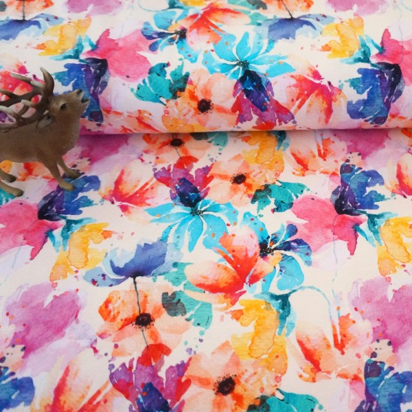 Jersey Blätter, Aquarell Blumen, Blüten, Bunt, Meterware