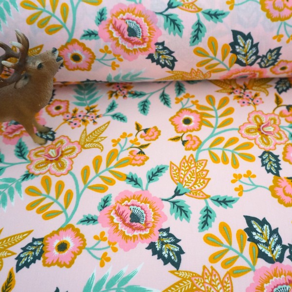 beschichtete Baumwolle, Paisley Blumen, Rosa, Meterware