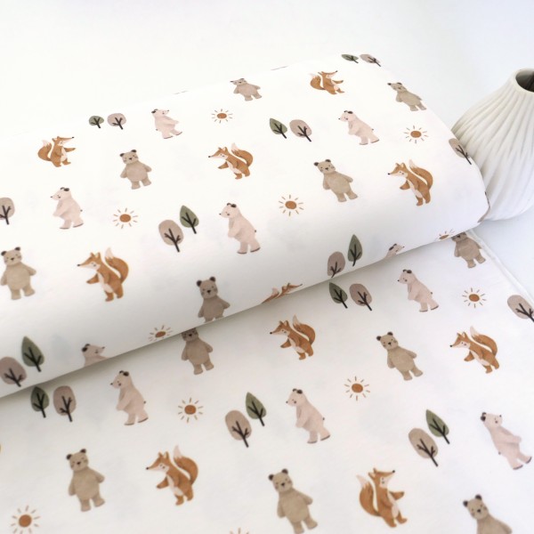 Jersey, Fuchs und Bär, Off-White, Grün, Beige, Creme, Meterware