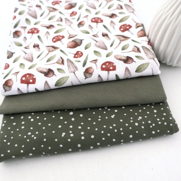 Jersey Stoffpaket, Pilze und Eicheln Weiß, Kleckse, Moos, 50cm Bündchen