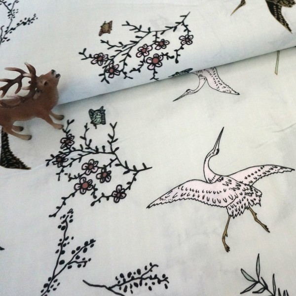 Musselin, Kraniche, Natur, Rosa, Golddruck, Meterware