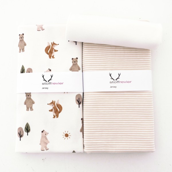 Stoffpaket Jersey, Fuchs und Bär, Off-White, Ringel Creme, 50cm Bündchen