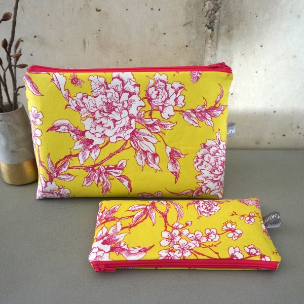 Kulturtasche und kleine Schminktasche im Set, Kirschblüte, Gelb