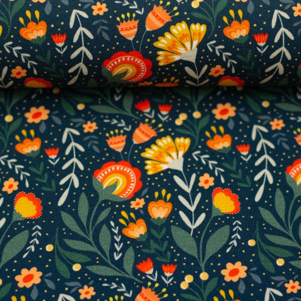French Terry, Fields of Joy, Blumen, Dunkelblau, Bunt, Meterware