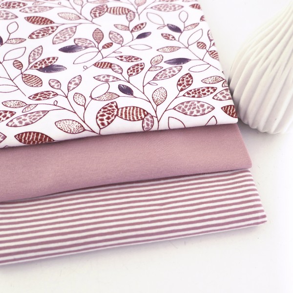 Jersey Stoffpaket, Blätter, Zweige, Ringel, Bündchen Altrosa