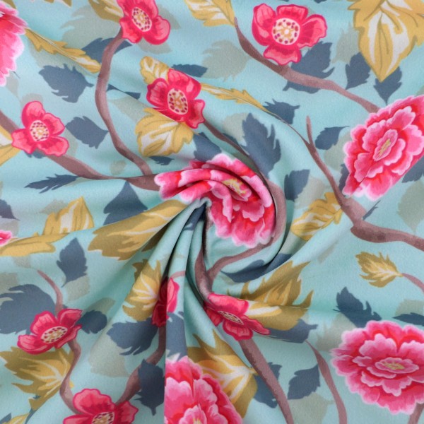 Samt, Boho Velvet, große Blüten, Äste, Mint, Pink, swafing, Meterware