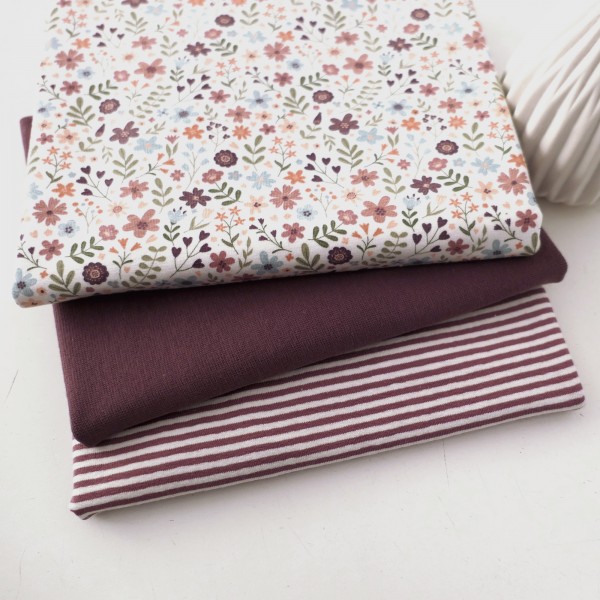 Stoffpaket Jersey, Streublumenwiese, Ringel, Bündchen 50cm Mauve
