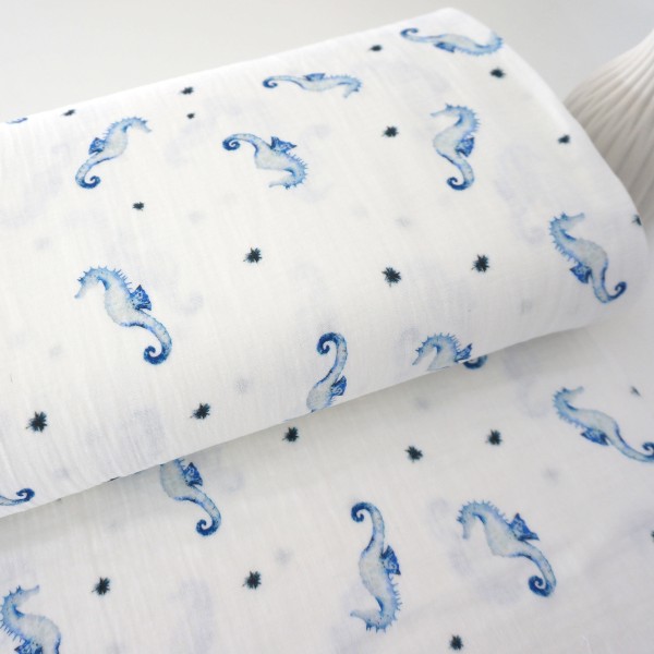 Musselin, Double Gauze, Seepferdchen Blau, Meterware
