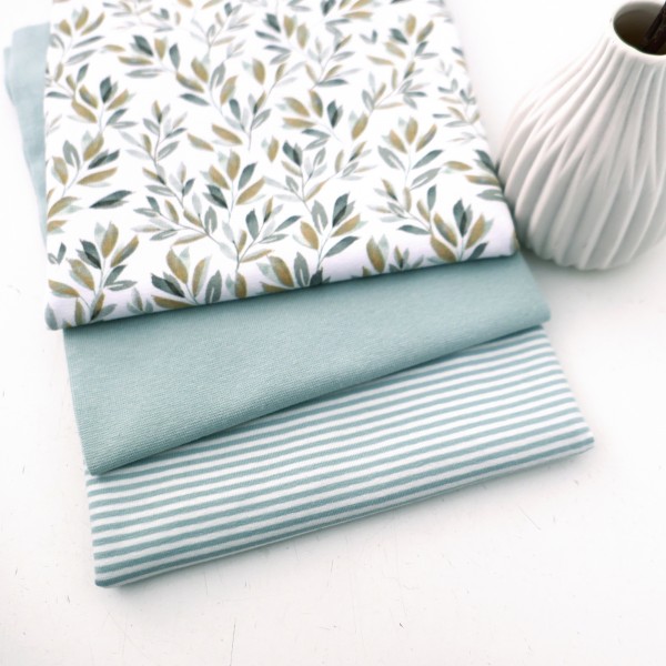Stoffpaket Jersey Blätter, Zweige, Mint, Ringel, 50cm Bündchen