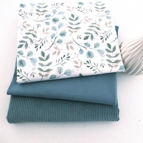 Stoffpaket Jersey Zweige, Blätter, Cordjersey Uni Mint, Bündchen