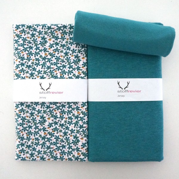 Stoffpaket Jersey 'Streublumen', Petrolblau, Uni meliert, Bündchen