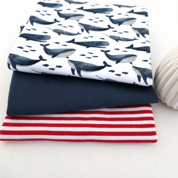 Stoffpaket Jersey Wale, Weiß, Ringel 5mm Rot, 50cm Bündchen