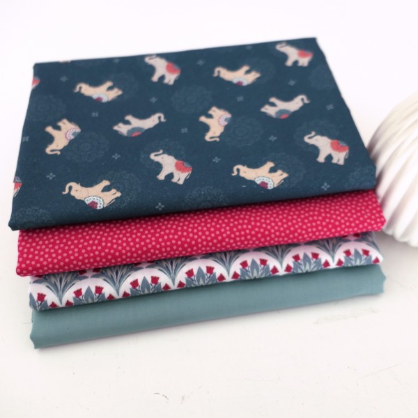 4 x 50 x 140 cm, Stoffpaket, Elefanten, Punkte, Tulpen, Uni, Baumwolle