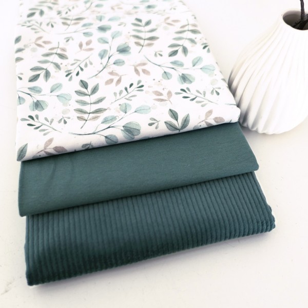 Stoffpaket Jersey Zweige, Blätter, Cordjersey Uni Smaragd, Bündchen