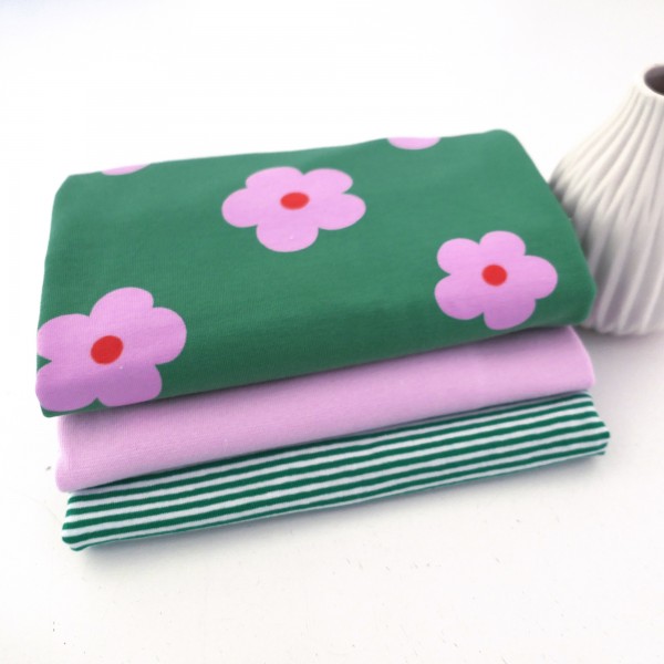 Jersey Stoffpaket, Prilblumen, Blüten, Rosa/Grün, Ringel, Grün, 50cm Bündchen