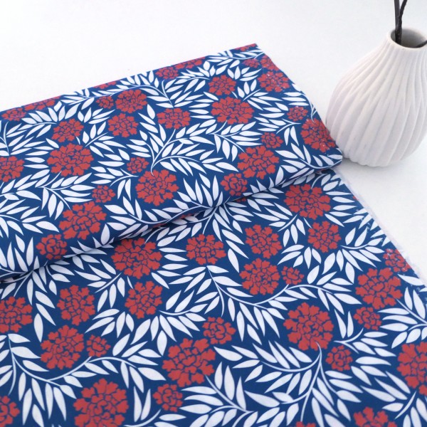 Baumwollstoff 'Kim' Blüten, Dolden, Blau, Koralle, Meterware swafing