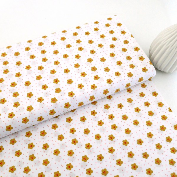 Baumwollstoff, Popelin, Blumen, Weiß, Gelb, Meterware