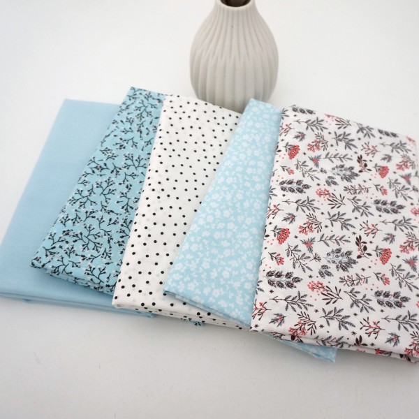 Stoffpaket, Fat Quarter, Baumwolle, Popeline, Streublumen Weiß, Zweige, Uni und Punkte