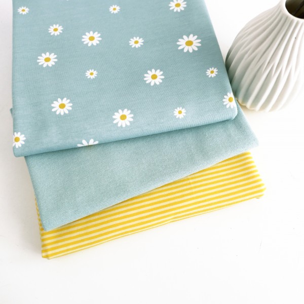 Stoffpaket Jersey, Margheriten, Mintblau, Ringel Gelb, Bündchen