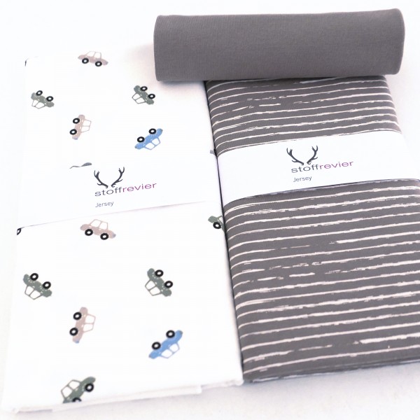 Stoffpaket Jersey, kleine Autos Off-White, Linien Taupe, Bündchen