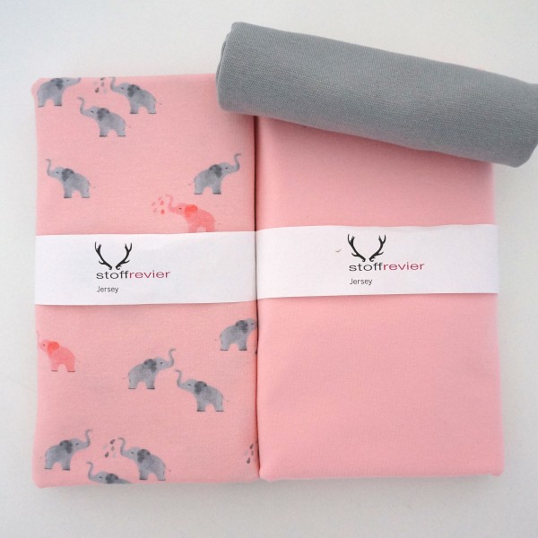 Stoffpaket Jersey, Elefanten, Uni, Rosa, Bündchen