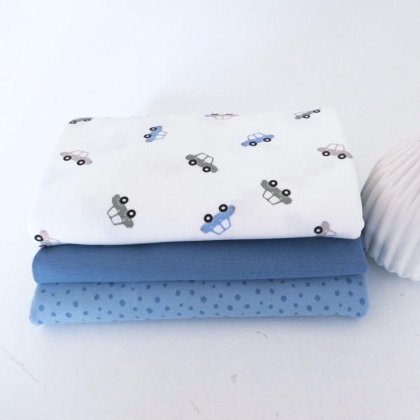 Stoffpaket Jersey, kleine Autos Off-White, Kleckse und Bündchen Blau