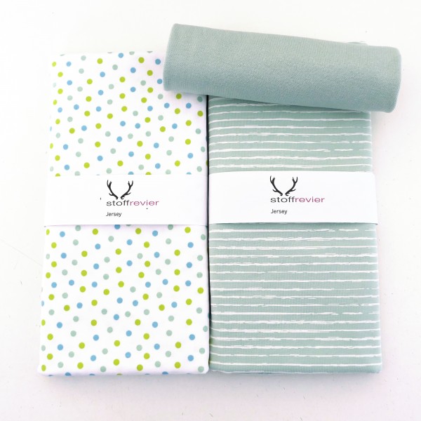 Stoffpaket Jersey, Ink Dots, Weiß/Mint/Blau, Linien Mint, 50cm Bündchen