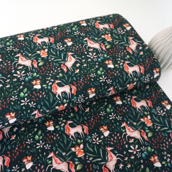 Jersey, Egge, Blumenelfen, Einhörner, Petrolgrün swafing, Meterware