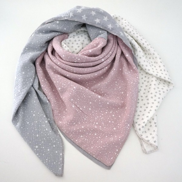 Halstuch Musselin XXL 4 Designs, Rosa, Hellgrau, Weiß