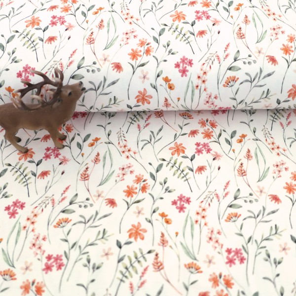 Jersey Blüten, Zweige, Off-White, Bunt, Meterware