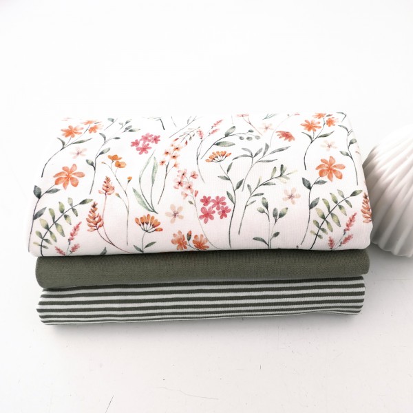 Jersey Stoffpaket, Blüten, Zweige, Ringel, Bündchen Moos