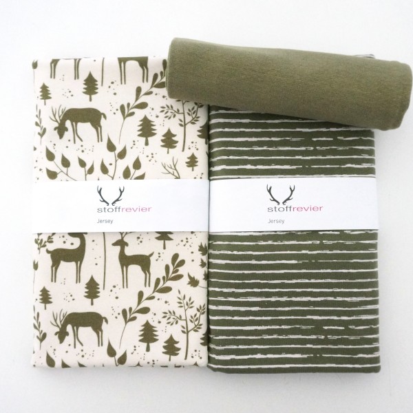 Stoffpaket Jersey, 'Miniwinter', Rotwild, Linien Moos, Bündchen