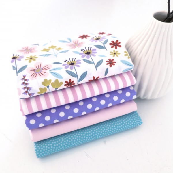 Stoffpaket Baumwolle, 5 x Fat Quarter, Blumen, Streifen, Punkte, Uni, Patchwork