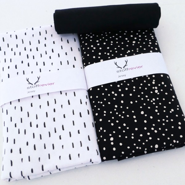 Jersey Stoffpaket, Black&White, Striche Weiß, Kleckse Schwarz, 50cm Bündchen