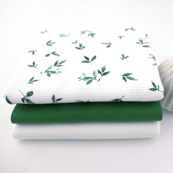 Stoffpaket Waffeljersey, 'Zweige', Grün/Naturweiß, Uni, Naturweiß, Bündchen