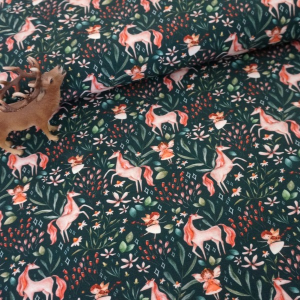 Jersey, Egge, Blumenelfen, Einhörner, Petrolgrün swafing, Meterware