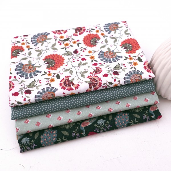4 x 50 x 140 cm, Stoffpaket, Pfauen, Punkte, Blumen, Baumwolle