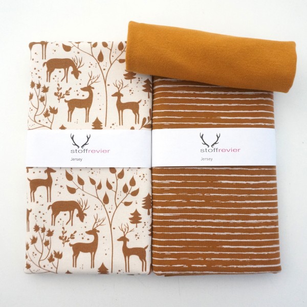 Stoffpaket Jersey, 'Miniwinter', Rotwild, Linien Ocker, Bündchen