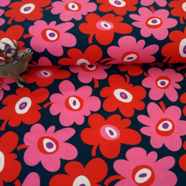 Jersey große Blüten Nachtblau Pink, Rot, Rosa Meterware