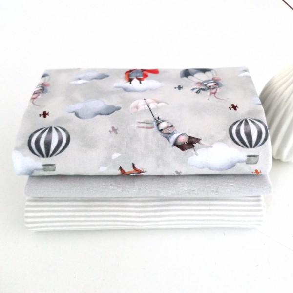 Stoffpaket Jersey Let's Fly, Hellgrau, Ringel, 50 cm Bündchen