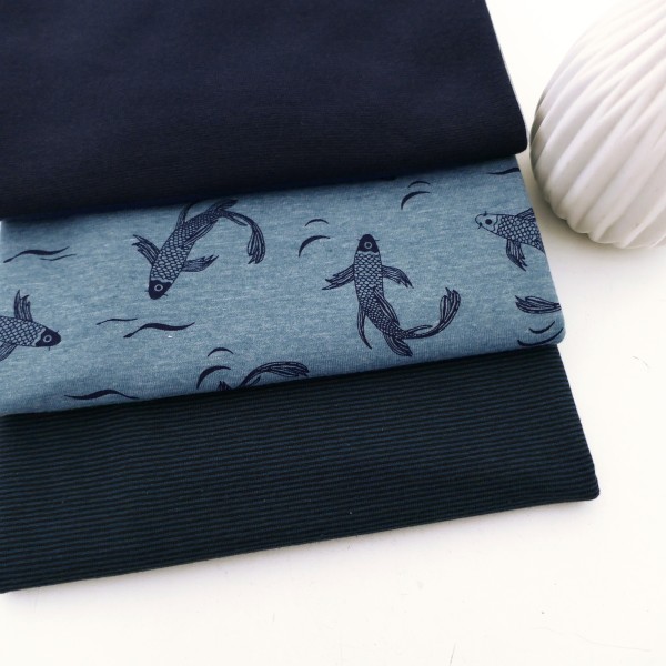 Stoffpaket Jersey Kois, Fische, feine Ringel, Dunkelblau, 50 cm Bündchen