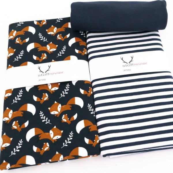 Jersey Stoffpaket 'Füchse' Blau, Streifen Blau, 50cm Bündchen