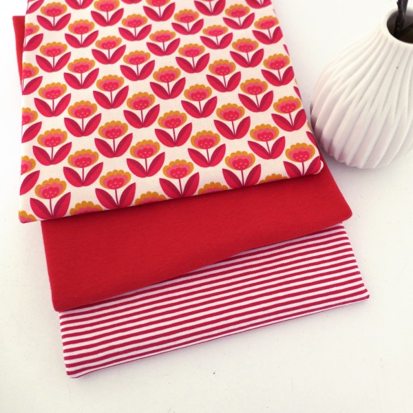 Stoffpaket Jersey, Retroblume, Orange, Ringel, 50 cm Bündchen Rot