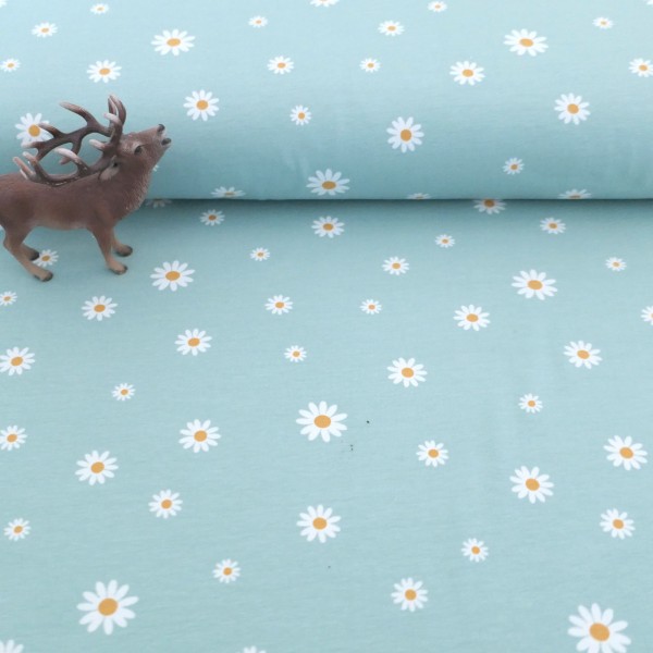 Jersey Margheritenblüten Mintblau, Weiß, Meterware