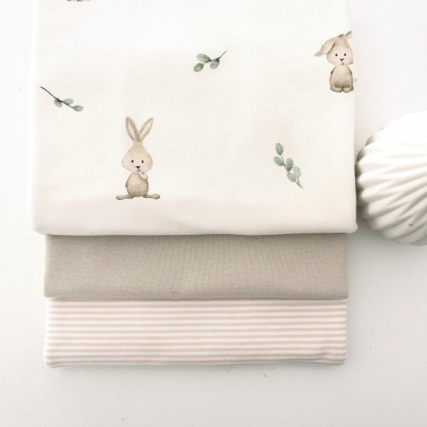 Jersey Stoffpaket, kleine Hasen, Ringel Creme, 50cm Bündchen